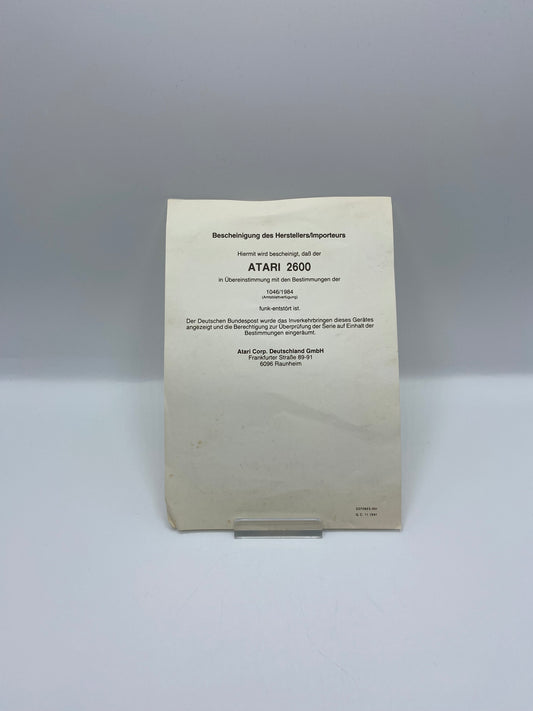Atari Bescheinung des Herstellers
